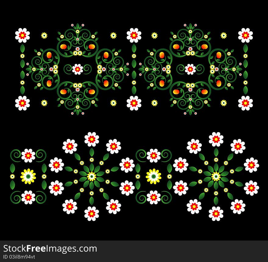 Horizontal ornament with flower on black background