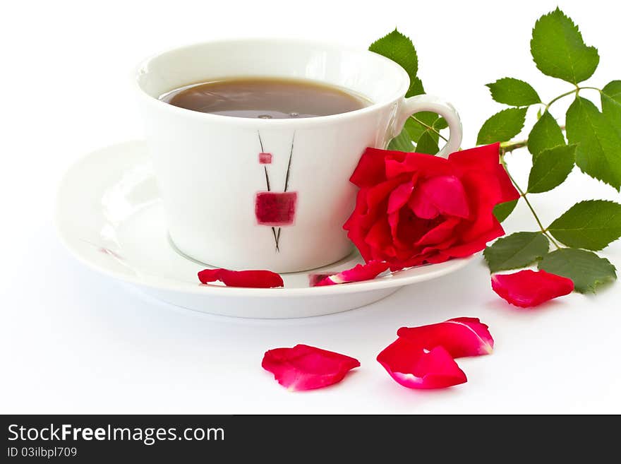 Rose tea, and red rose with petals