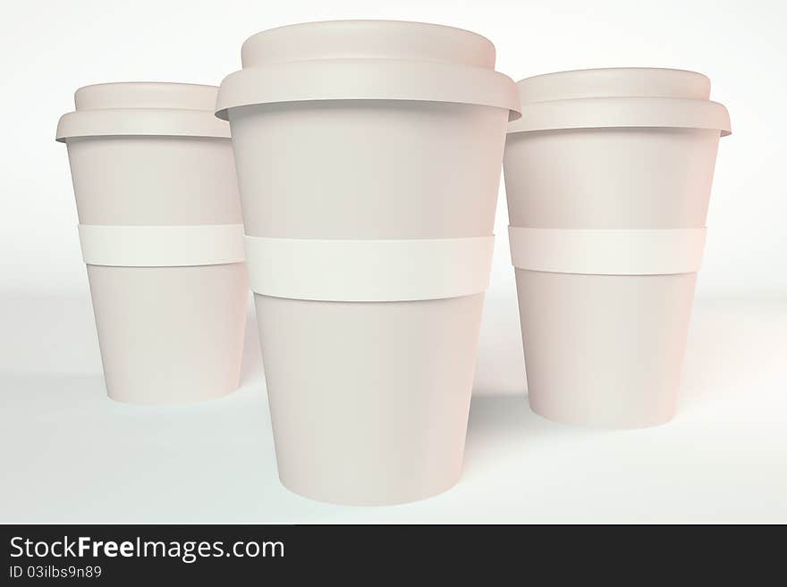 3d render of three paper coffee cup