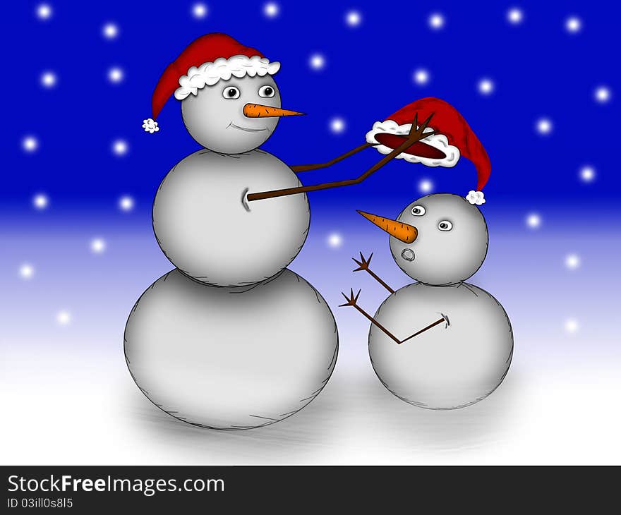 Two snowman in the snow at night in a red cap