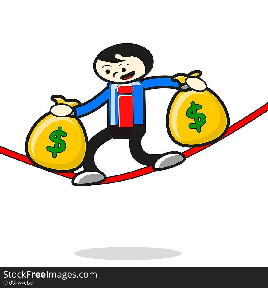 Cartoon man bring money on rope. Cartoon man bring money on rope