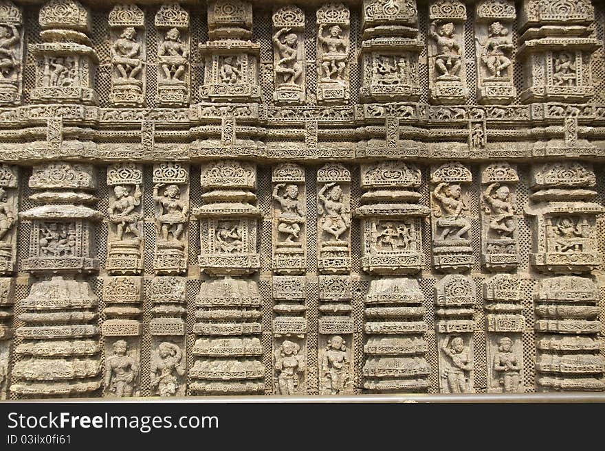 Depiction of various music and dance poses by deft hands on wall of Sun Temple, Konark, Orissa, India, Asia. Depiction of various music and dance poses by deft hands on wall of Sun Temple, Konark, Orissa, India, Asia