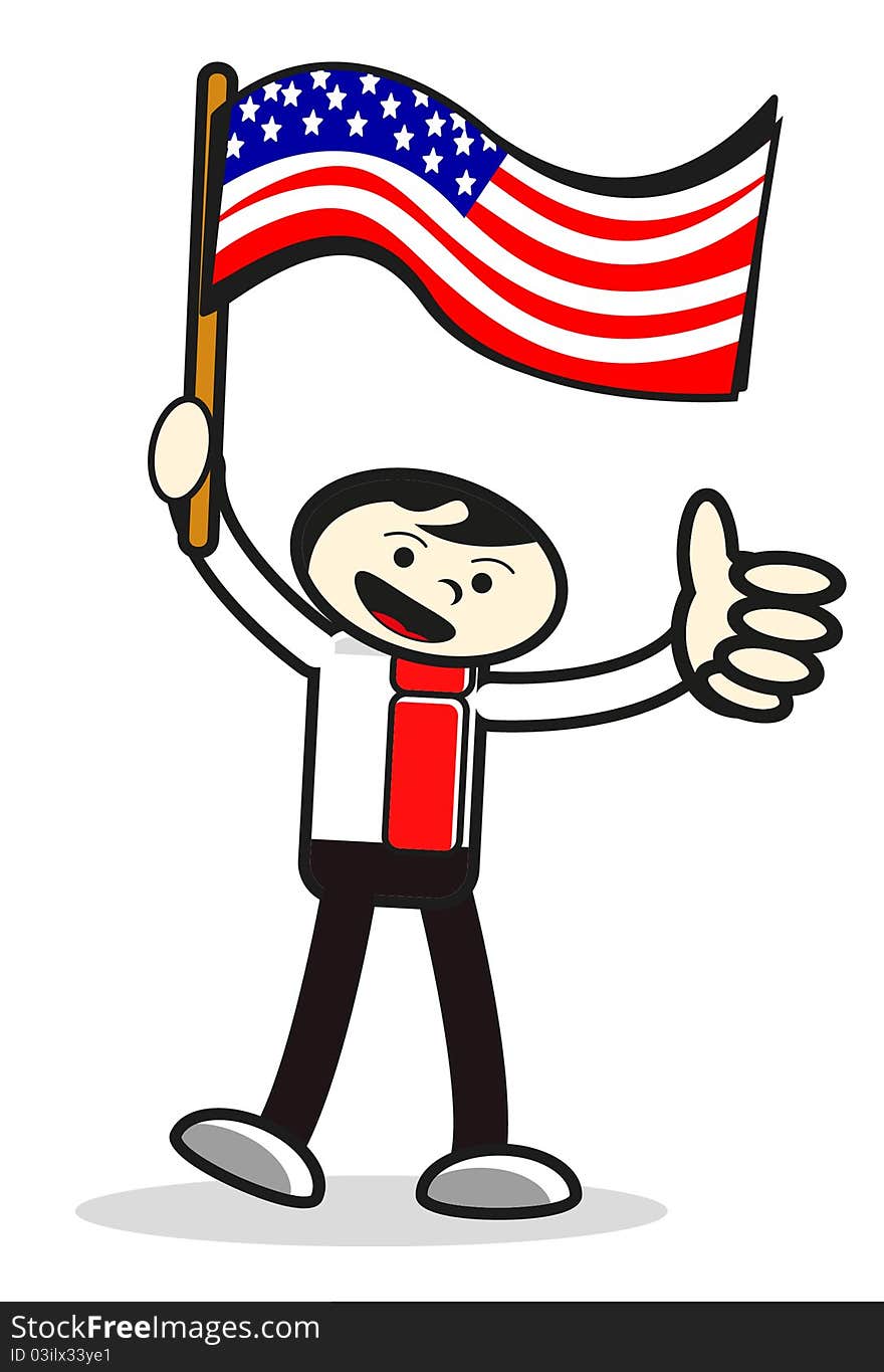 Cartoon man hold us flag in 4july. Cartoon man hold us flag in 4july