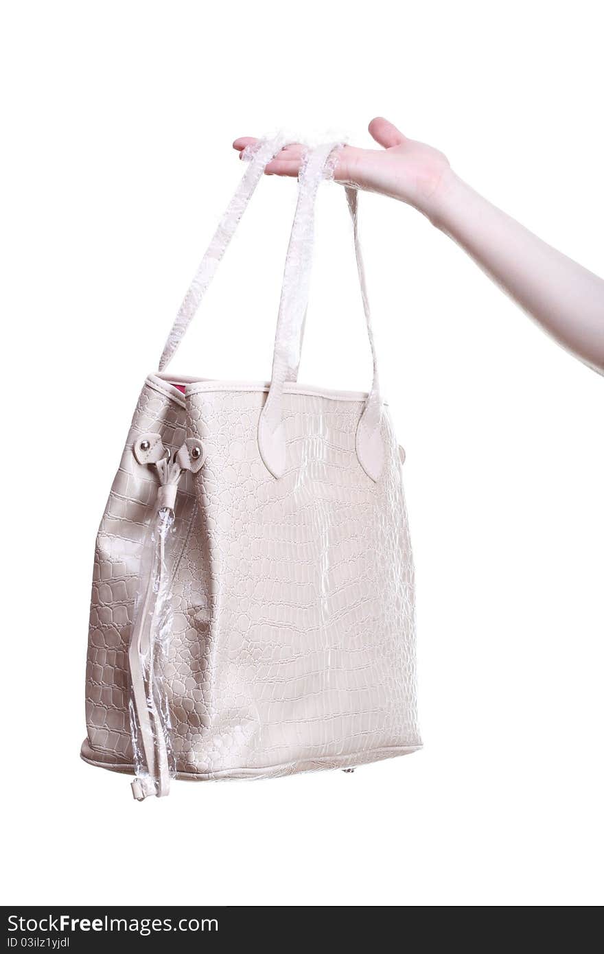 New Handbag in woman hand isolated