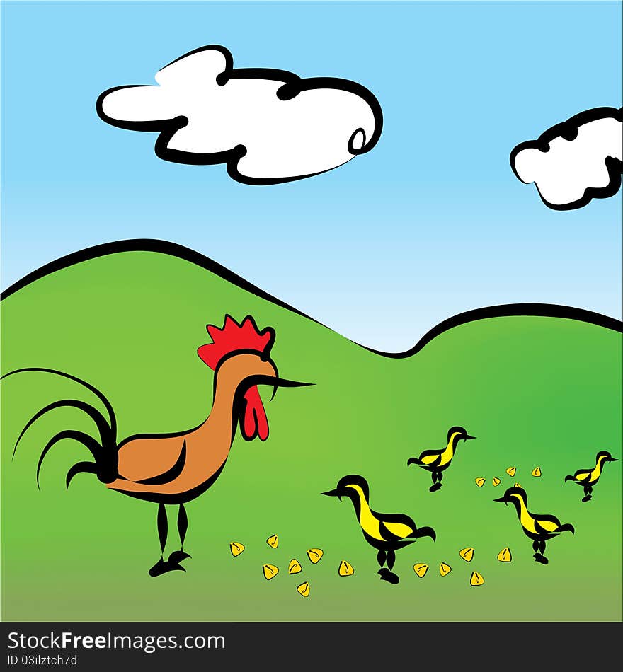 Chicken family on the meadow