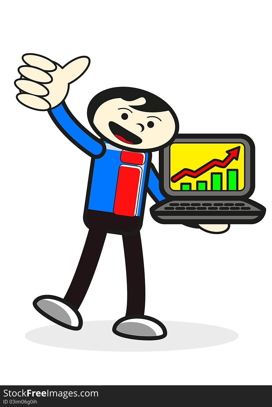 Illustration of cartoon businessman bring laptop presentation. Illustration of cartoon businessman bring laptop presentation