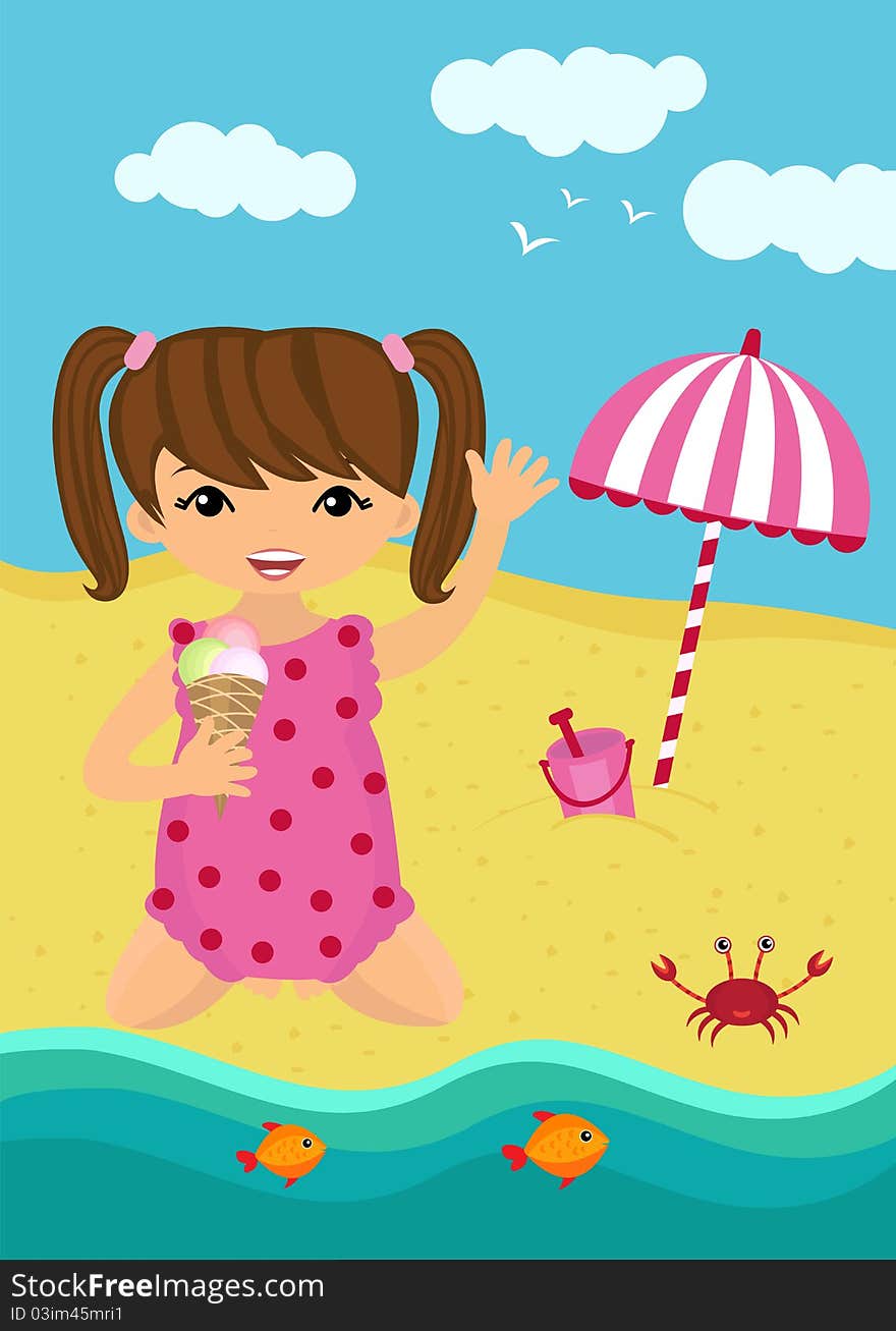 A  illustration of a little girl playing on the beach