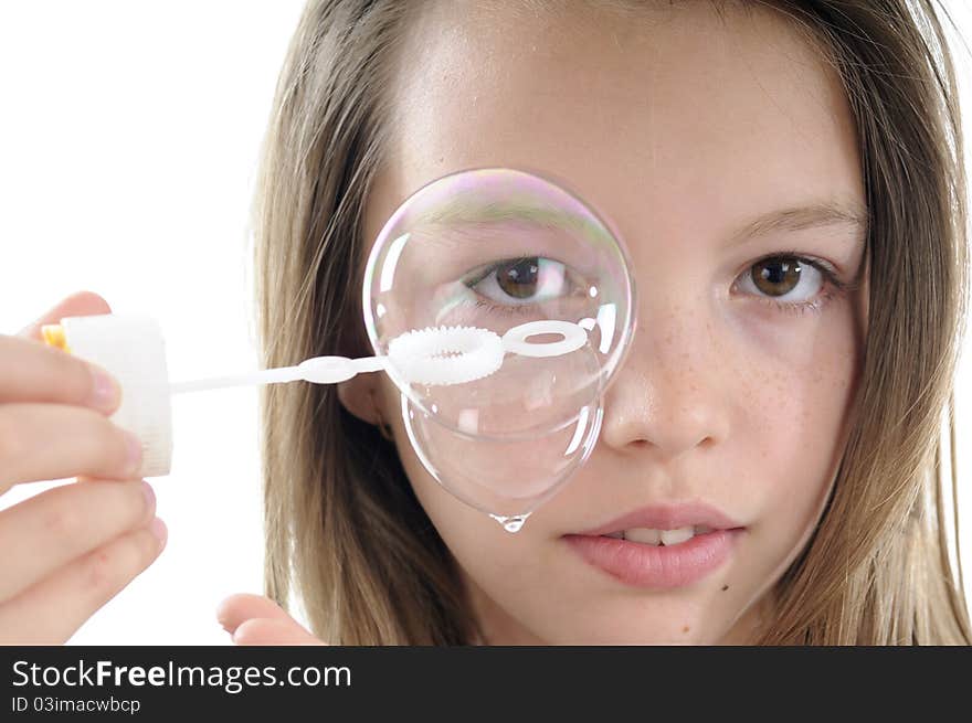 Closeup with soap bubbles and human face