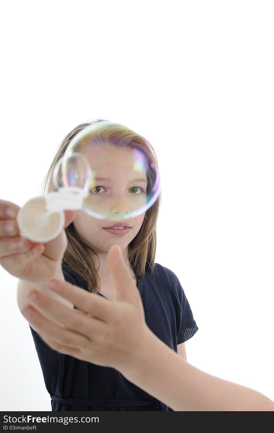 Beautiful bubbles and blonde girl having fun in background. Beautiful bubbles and blonde girl having fun in background