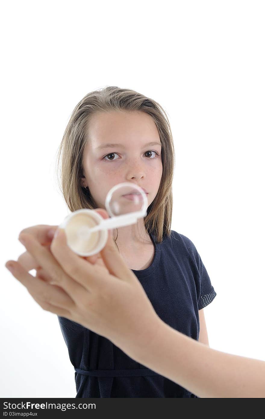 Beautiful bubbles and blonde girl having fun in background. Beautiful bubbles and blonde girl having fun in background