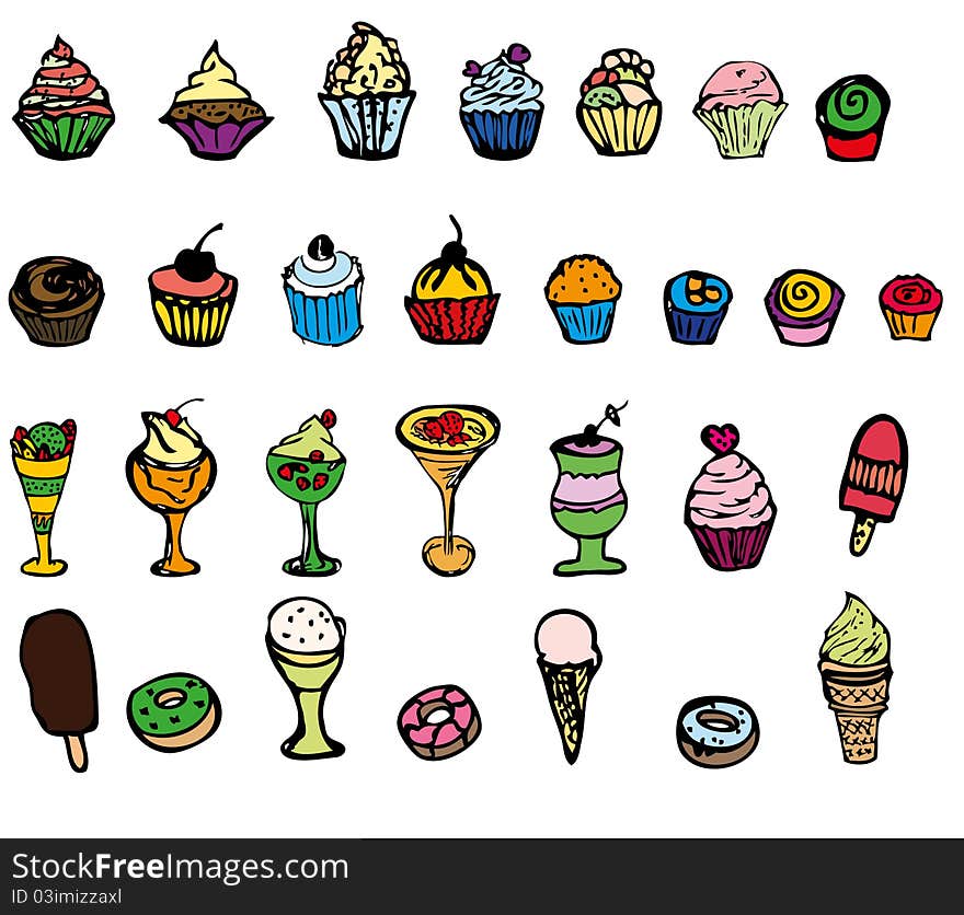 Large collection of hand drawn multicolored sweets and desserts. Large collection of hand drawn multicolored sweets and desserts