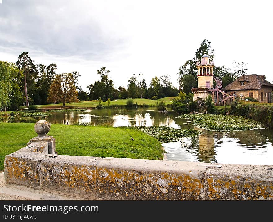 Marlborough Tower and pond in Marie-Antoinette s