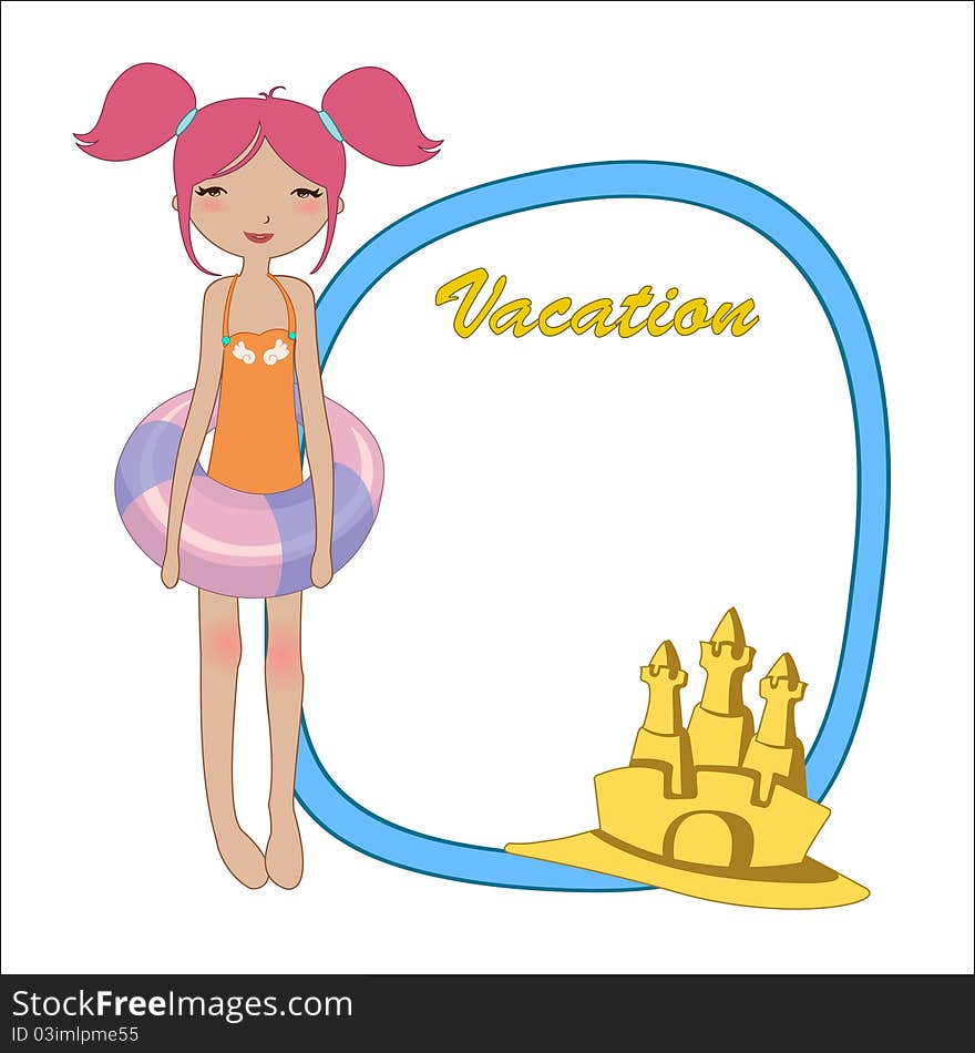 060271 Vector Illustration of funny Kiddie style design summer background with the little girl and the sandcastle