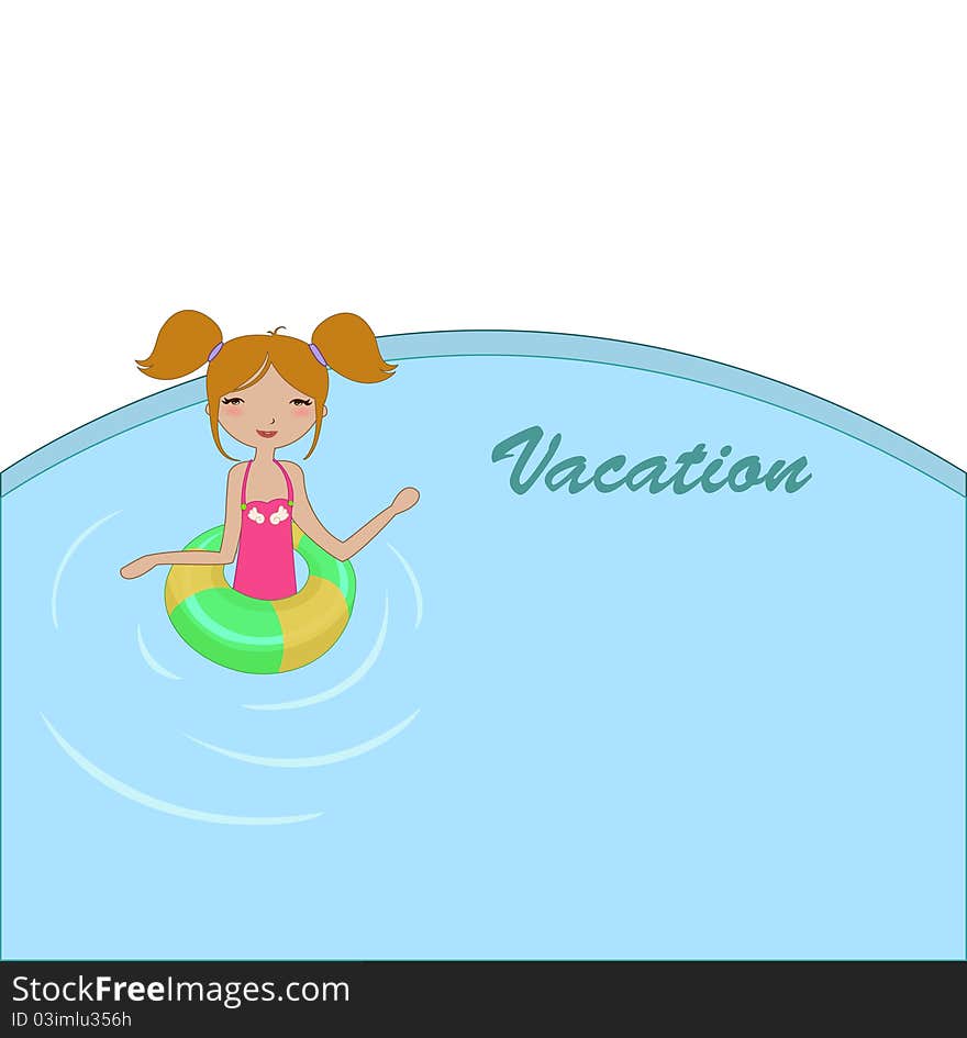 Vector Illustration of funny Kiddie style design summer background with the little girl in the water