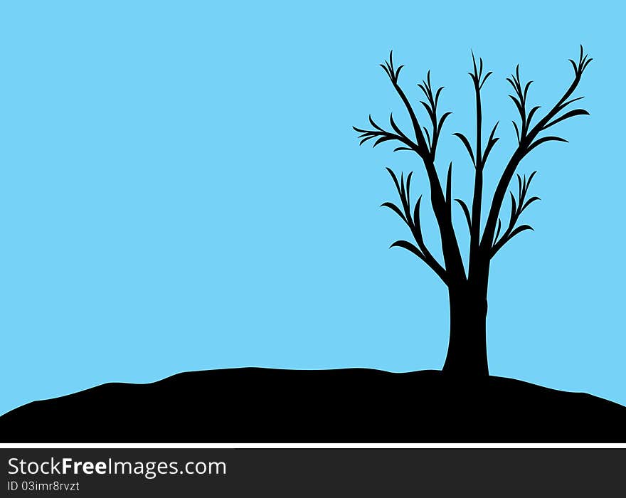 A silhouette of a black tree with blue background. A silhouette of a black tree with blue background