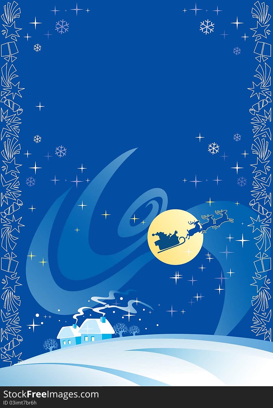 Beautiful Christmas card with Santa Claus and his reindeer.Against the blue sky, shooting stars, white trees, houses and snowflakes.