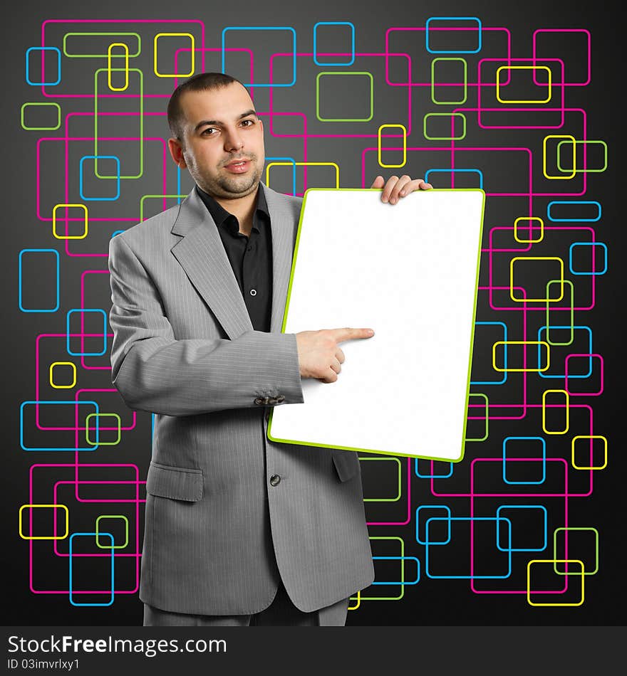 Happy businesswoman holding blank white card in her hands