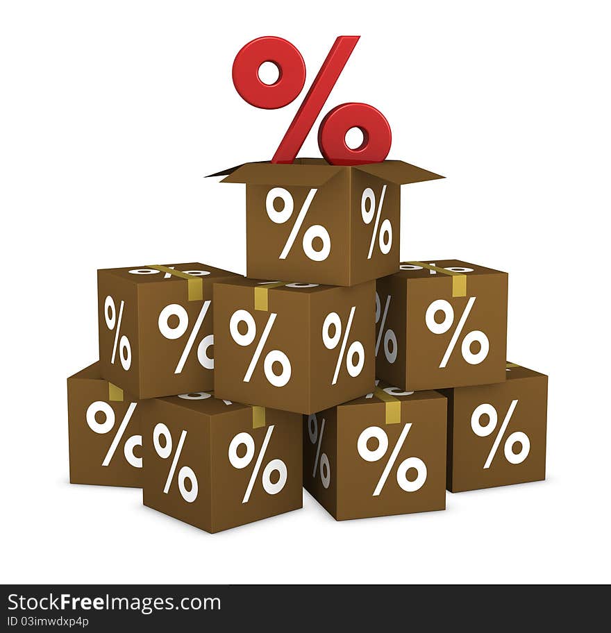 Stack of cardboard boxes with percent symbol label. the box on top is open and there is a big red percent symbol (3d render). Stack of cardboard boxes with percent symbol label. the box on top is open and there is a big red percent symbol (3d render)