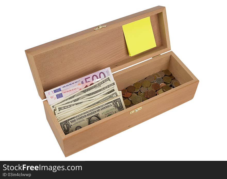 Open Wooden box with dollars and euro banknotes and coins , isolated on white background. Open Wooden box with dollars and euro banknotes and coins , isolated on white background