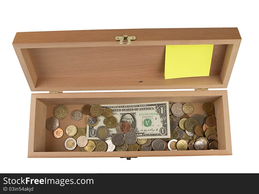 Open Wooden box with dollars and coins , isolated on white background. Open Wooden box with dollars and coins , isolated on white background