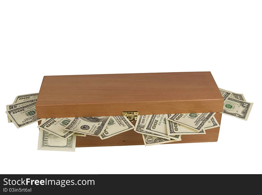 Closed Wooden box  with dollars, isolated on white background. Closed Wooden box  with dollars, isolated on white background