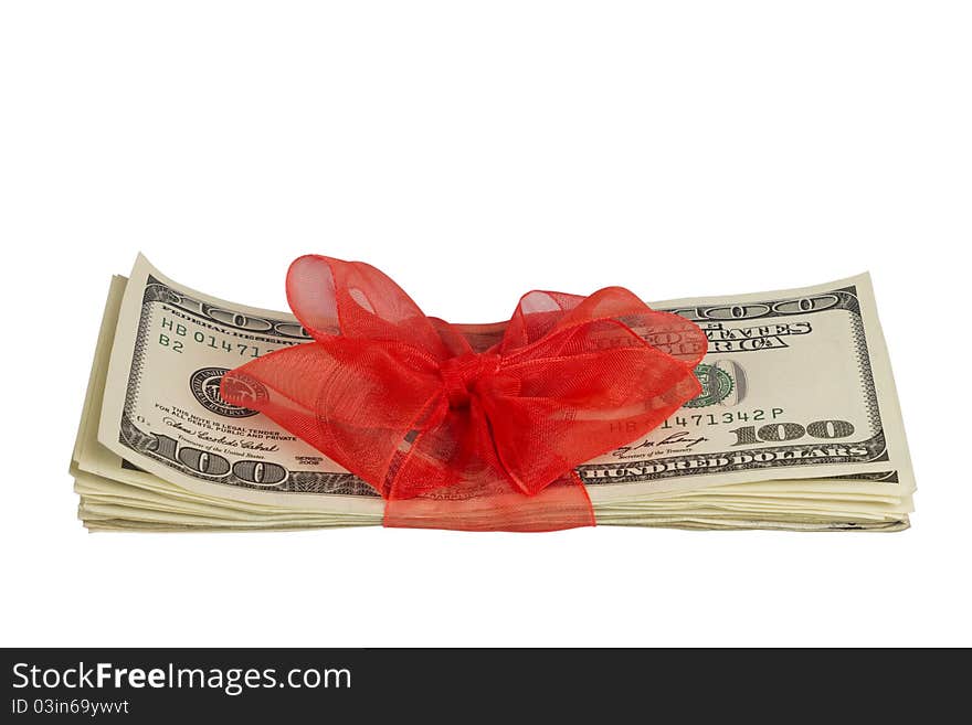 Stack of money wrapped in red bow , Isolated on white background. Stack of money wrapped in red bow , Isolated on white background.