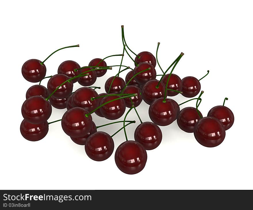 On the surface are scattered cherries isolated on white background. On the surface are scattered cherries isolated on white background