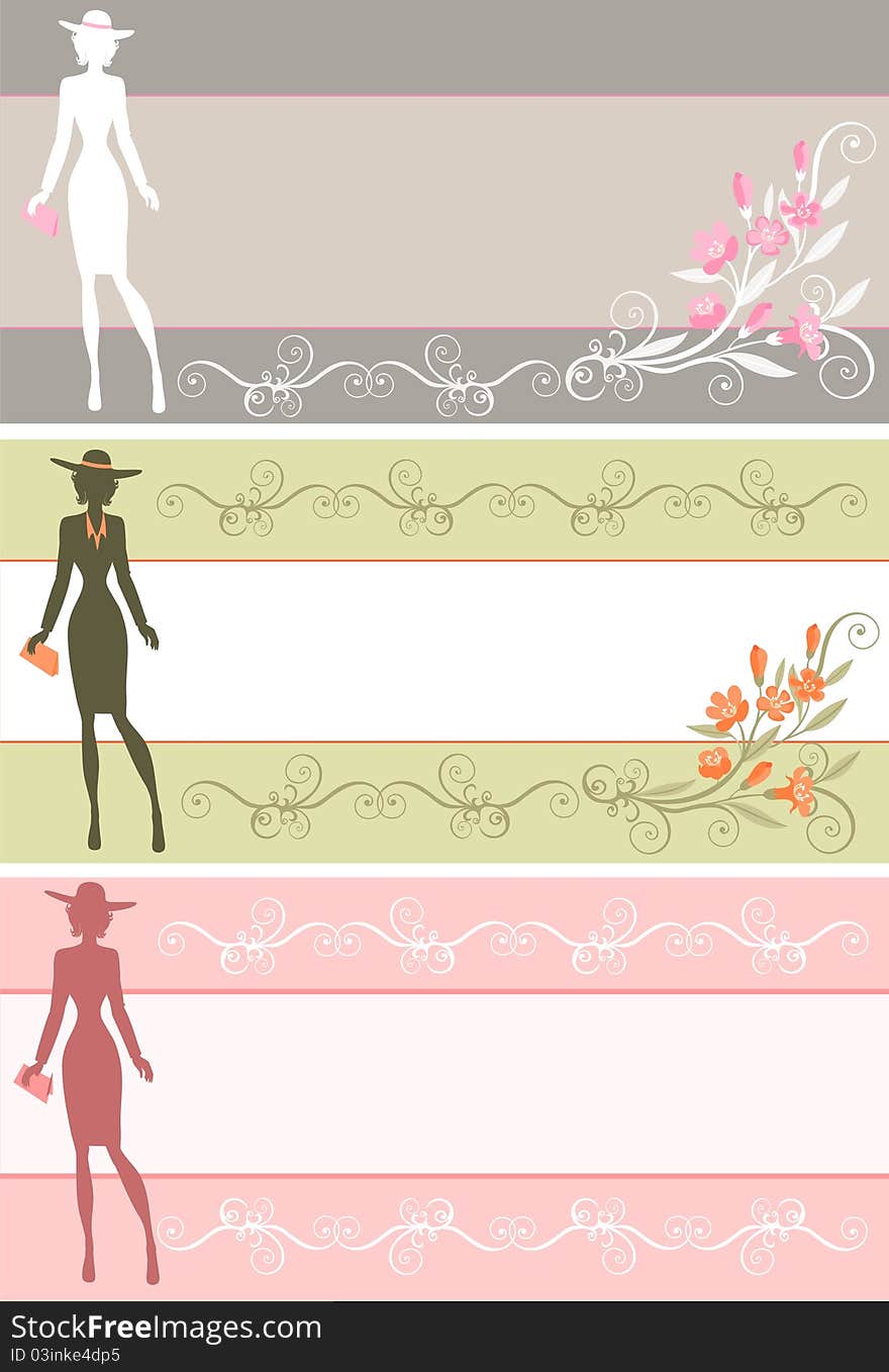 A set of banners with the silhouette of a lady in a hat