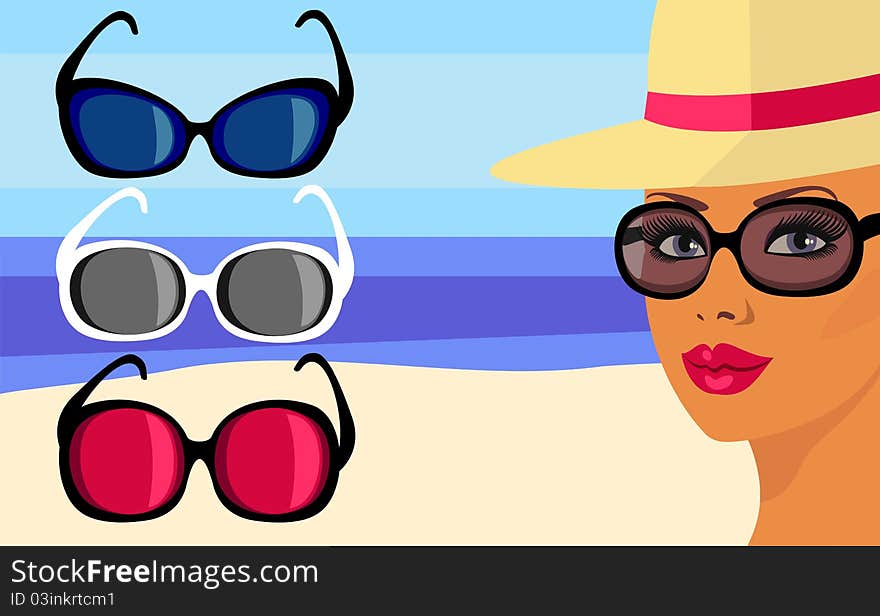 Girl in a straw hat and different models of sunglasses