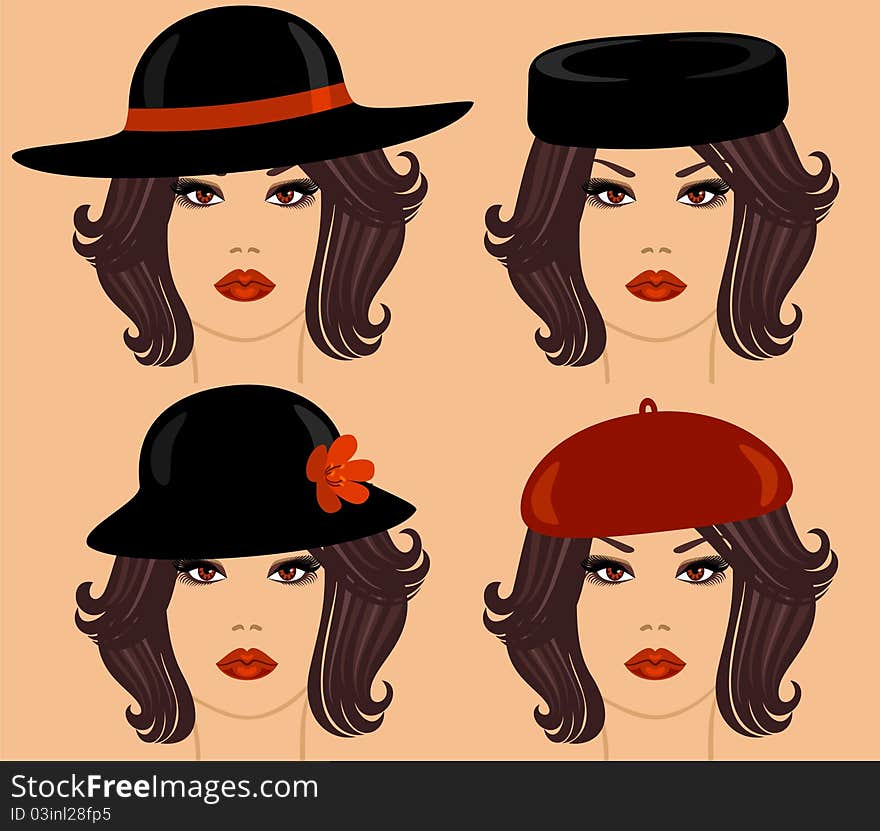 girl's head in different hats. girl's head in different hats