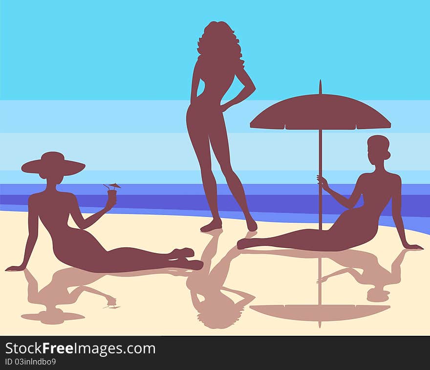 Silhouettes of three slender girls on the beach. Silhouettes of three slender girls on the beach