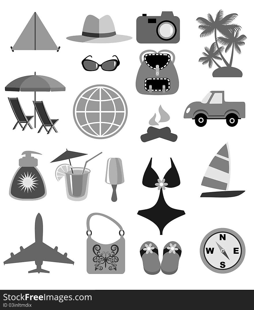 Travel And Beach Icons in black and white