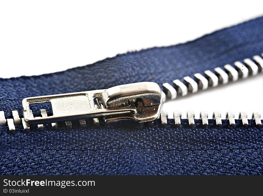 Blue zipper on a white background with space for text. Blue zipper on a white background with space for text