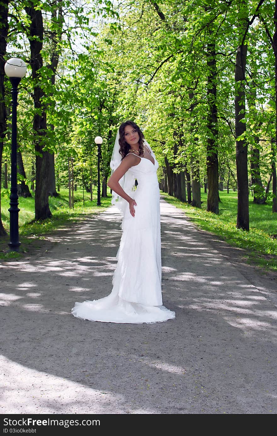 Young bride standing in an alley in the park