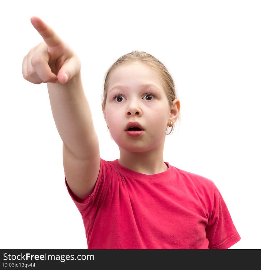 The girl points a finger,isolated.