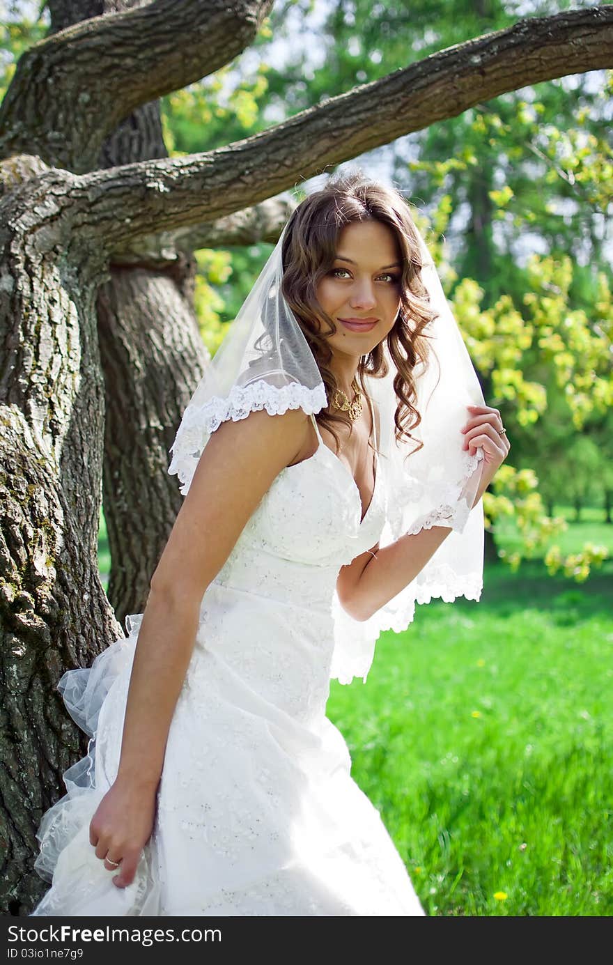 Attractive Bride Stands About Trees