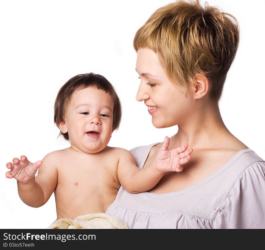 Young mother with little son isolated on the white. Young mother with little son isolated on the white