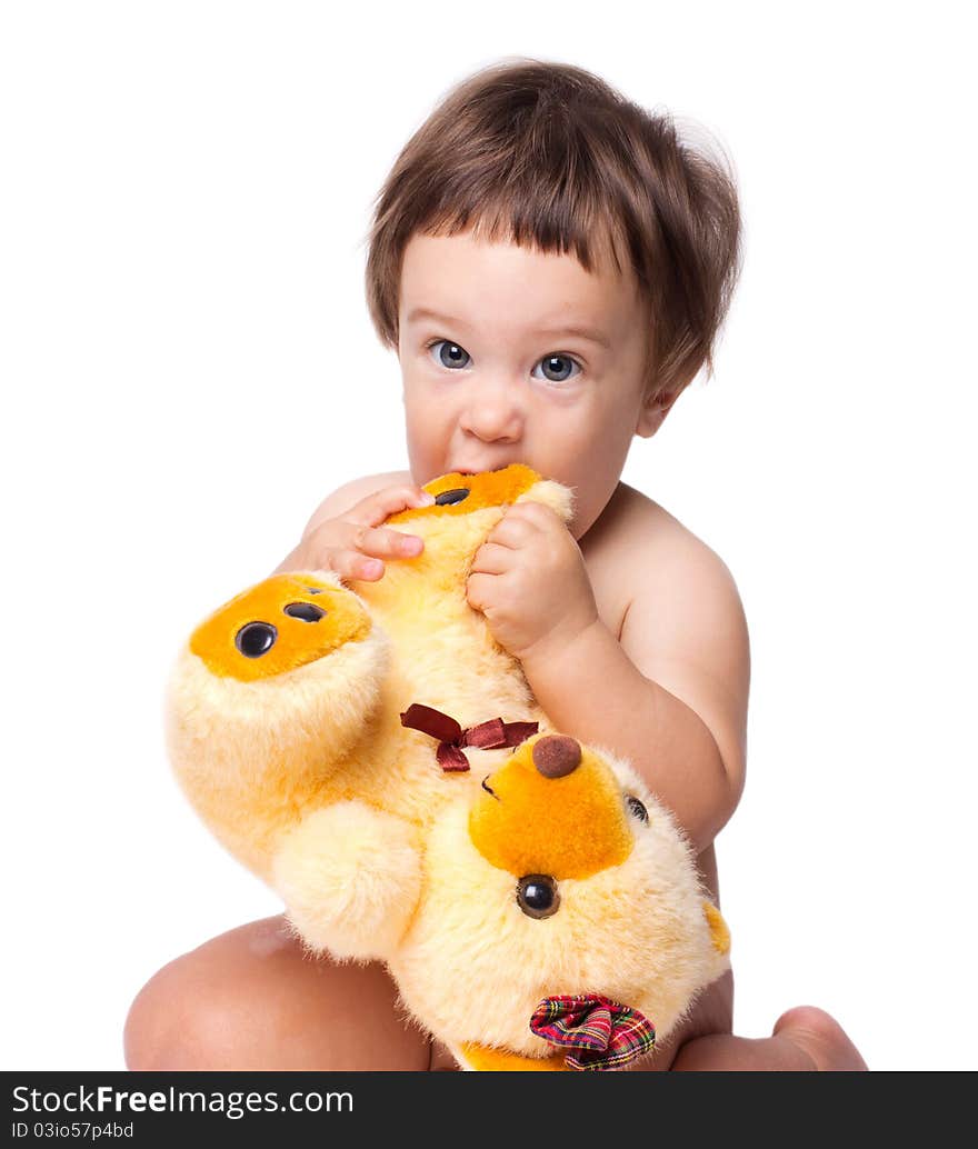 Little boy with toy isolated on the white