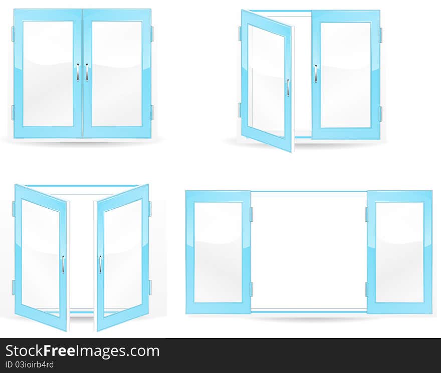 Set of open and close blue windows isolated on white background