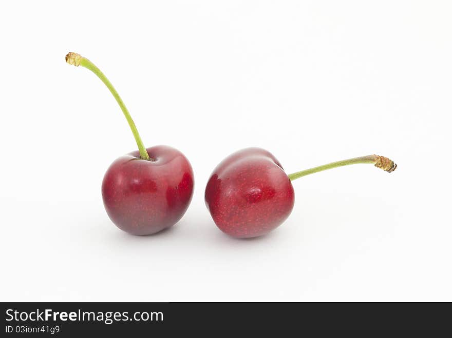 Two red  sweet cherries Canadian variety Sandra Rose. Two red  sweet cherries Canadian variety Sandra Rose