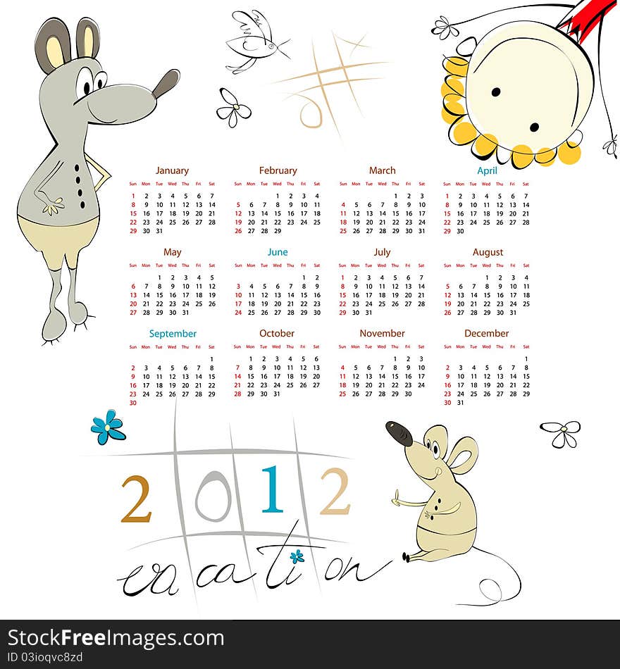 Template for calendar 2012 with cartoon style illustration