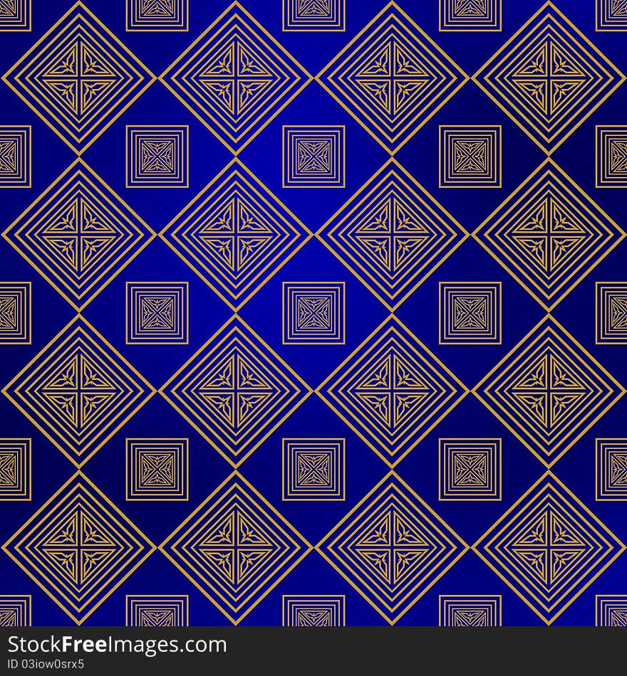 Gold square geometrical ornaments with on a navy blue background. Gold square geometrical ornaments with on a navy blue background