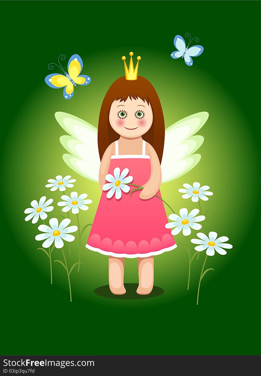 Little princess with flowers and butterflies on a green background