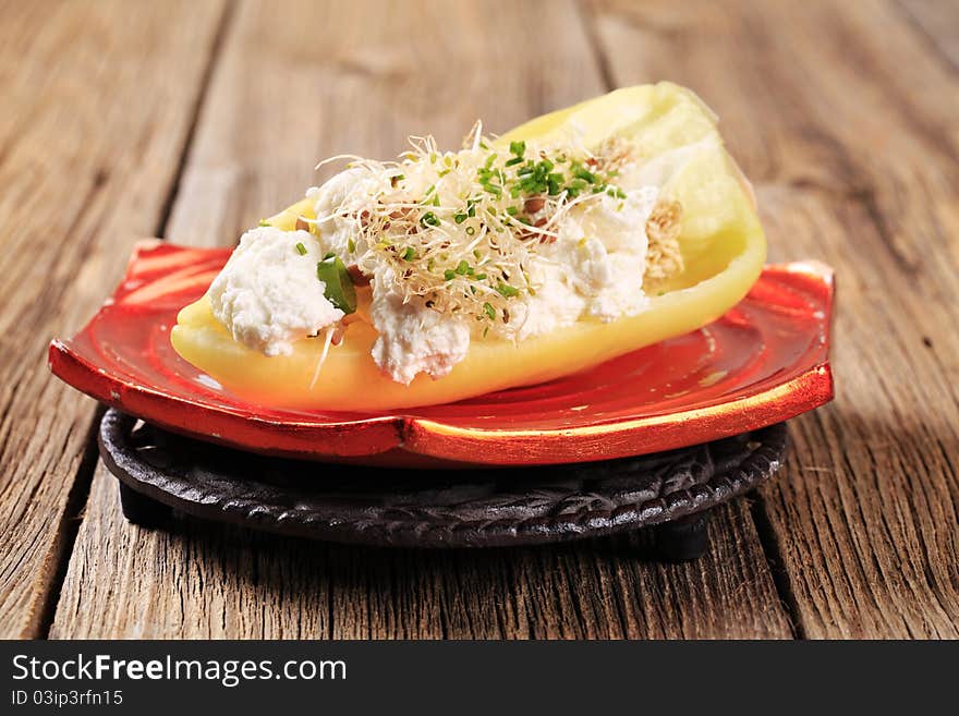 Pepper with curd cheese and lentil sprouts. Pepper with curd cheese and lentil sprouts