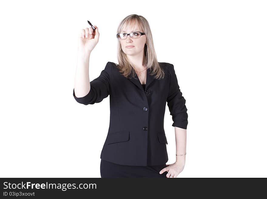 A Businesswoman In Suit Writing On White Isolated