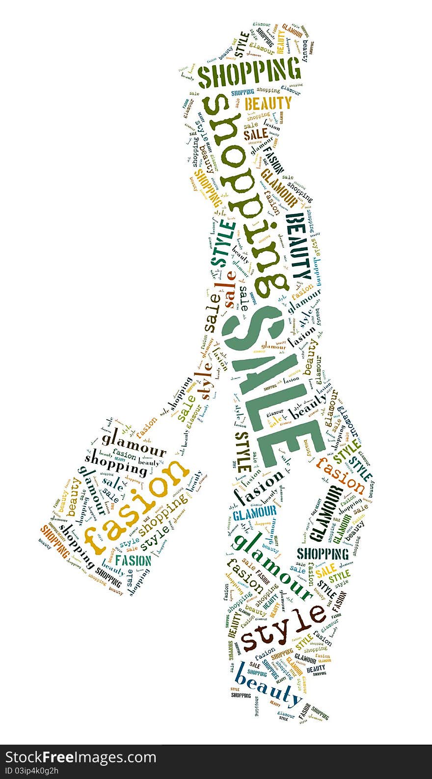 Wordcloud: Silhouette of a happy woman with shopping. Wordcloud: Silhouette of a happy woman with shopping