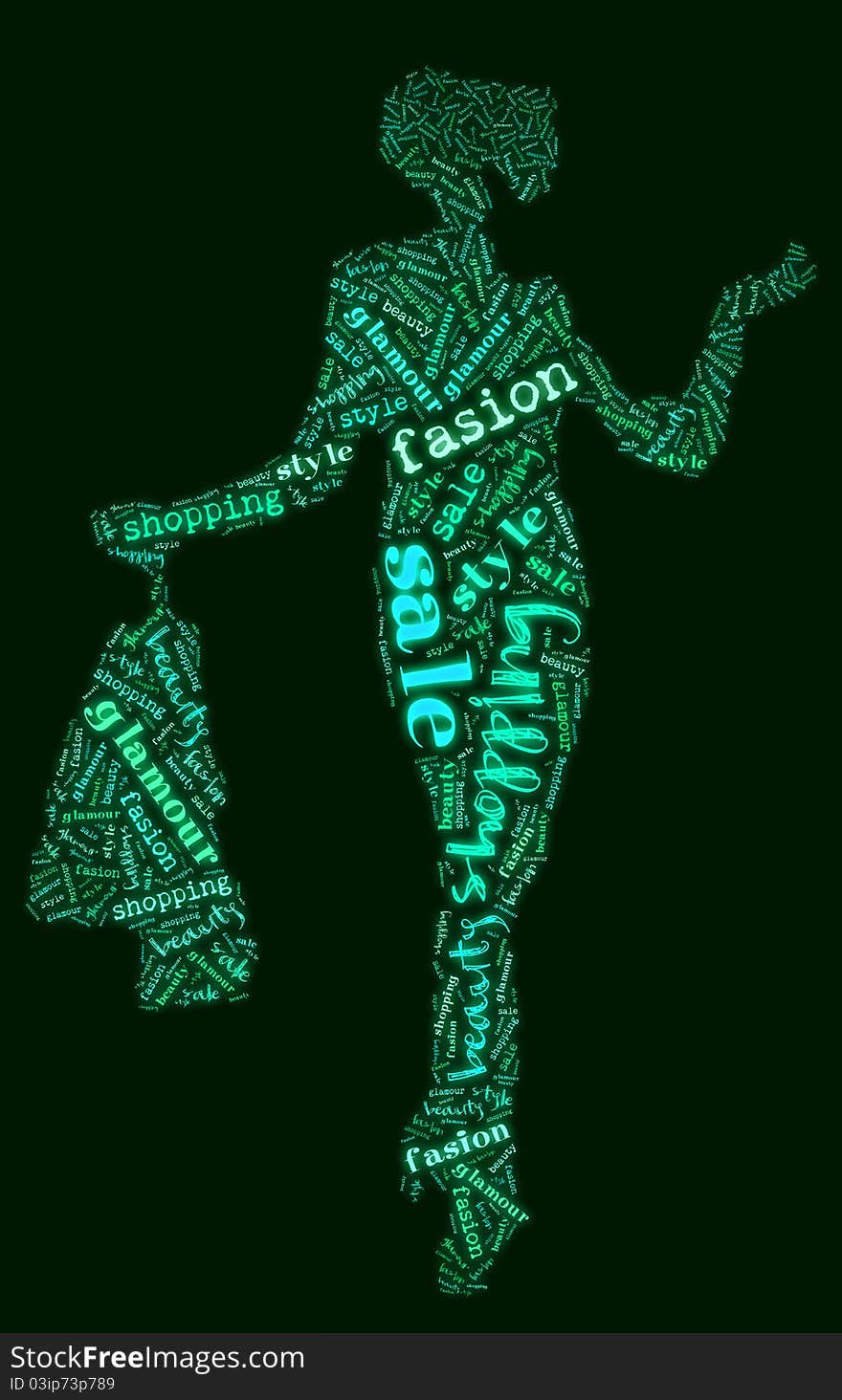 Wordcloud: Silhouette of a happy woman with shopping. Wordcloud: Silhouette of a happy woman with shopping