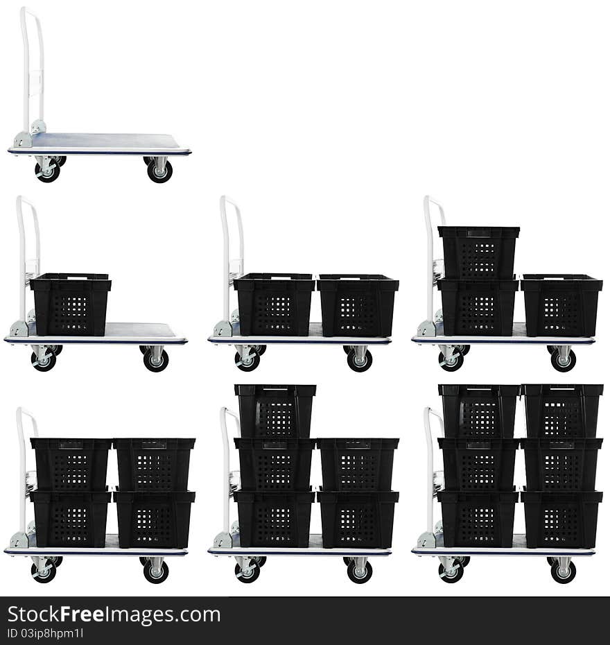 Warehouse transport cart with black empty containers isolated over white background. Warehouse transport cart with black empty containers isolated over white background