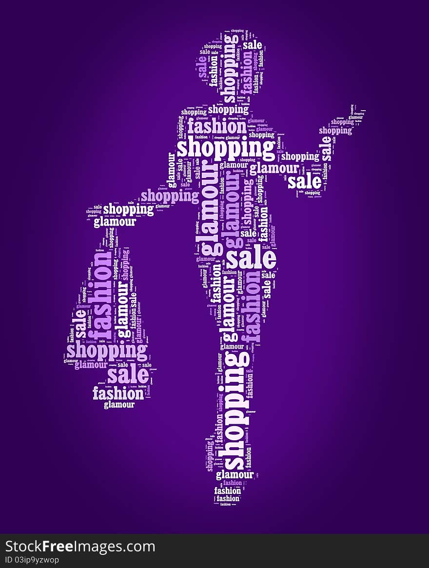 Wordcloud: Silhouette of a happy woman with shopping. Wordcloud: Silhouette of a happy woman with shopping