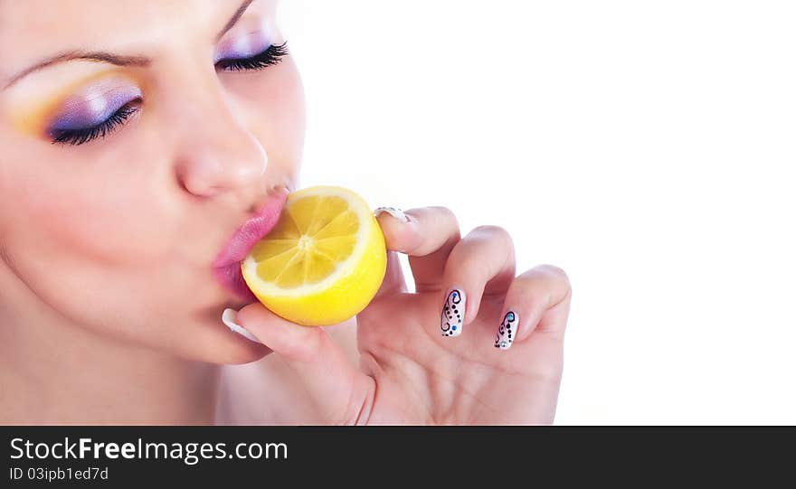 Close up photo of a women with lemon. Close up photo of a women with lemon